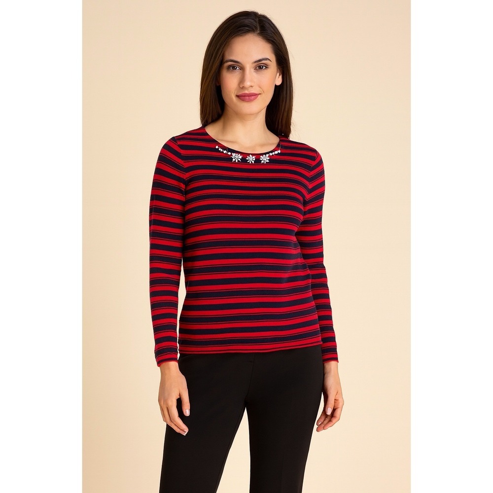 The Limited XS Striped‎ Embellished Long Sleeve Knit Top Red Blue Nautical 90-22